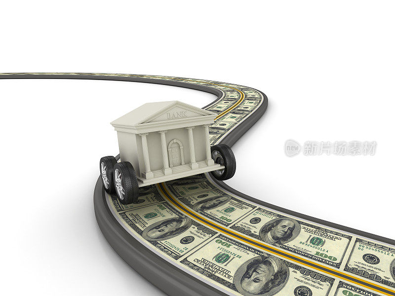 银行大厦上的美元钞票蜿蜒的道路- 3D渲染